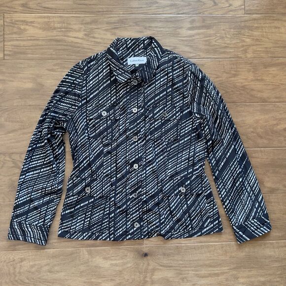 Calvin Klein Jacket Shirt Shacket Size L Cargo Button Up Black/White Geometric - Picture 1 of 8